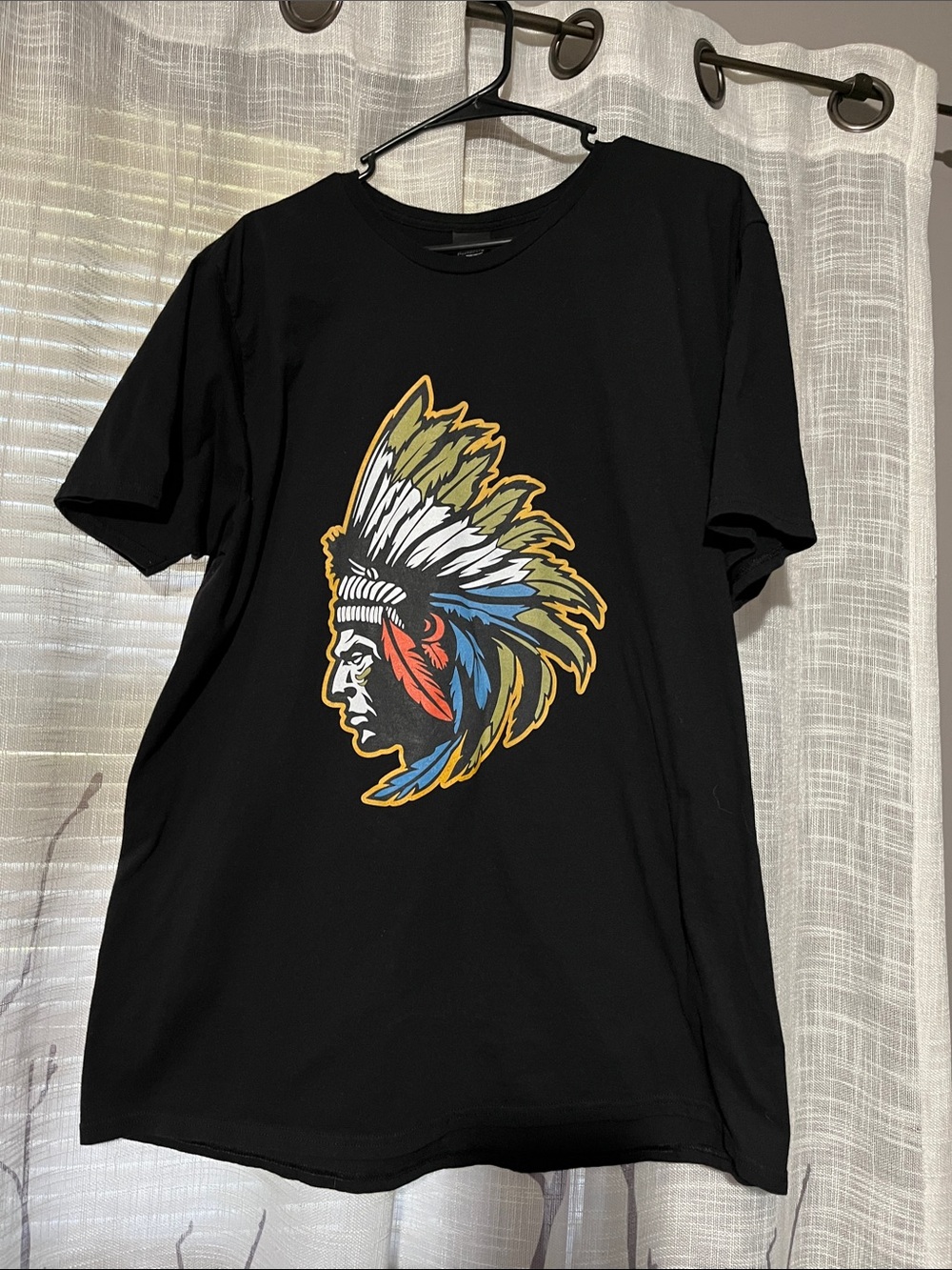 Men's Black Graphic Tee with Multicolor Native Headdress Print